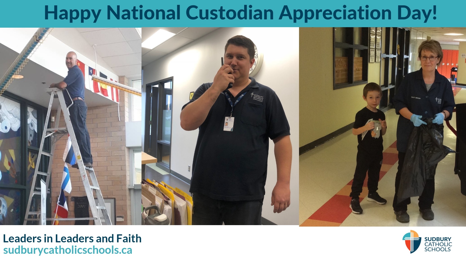 A collage of three different custodians working in their shcool communities.