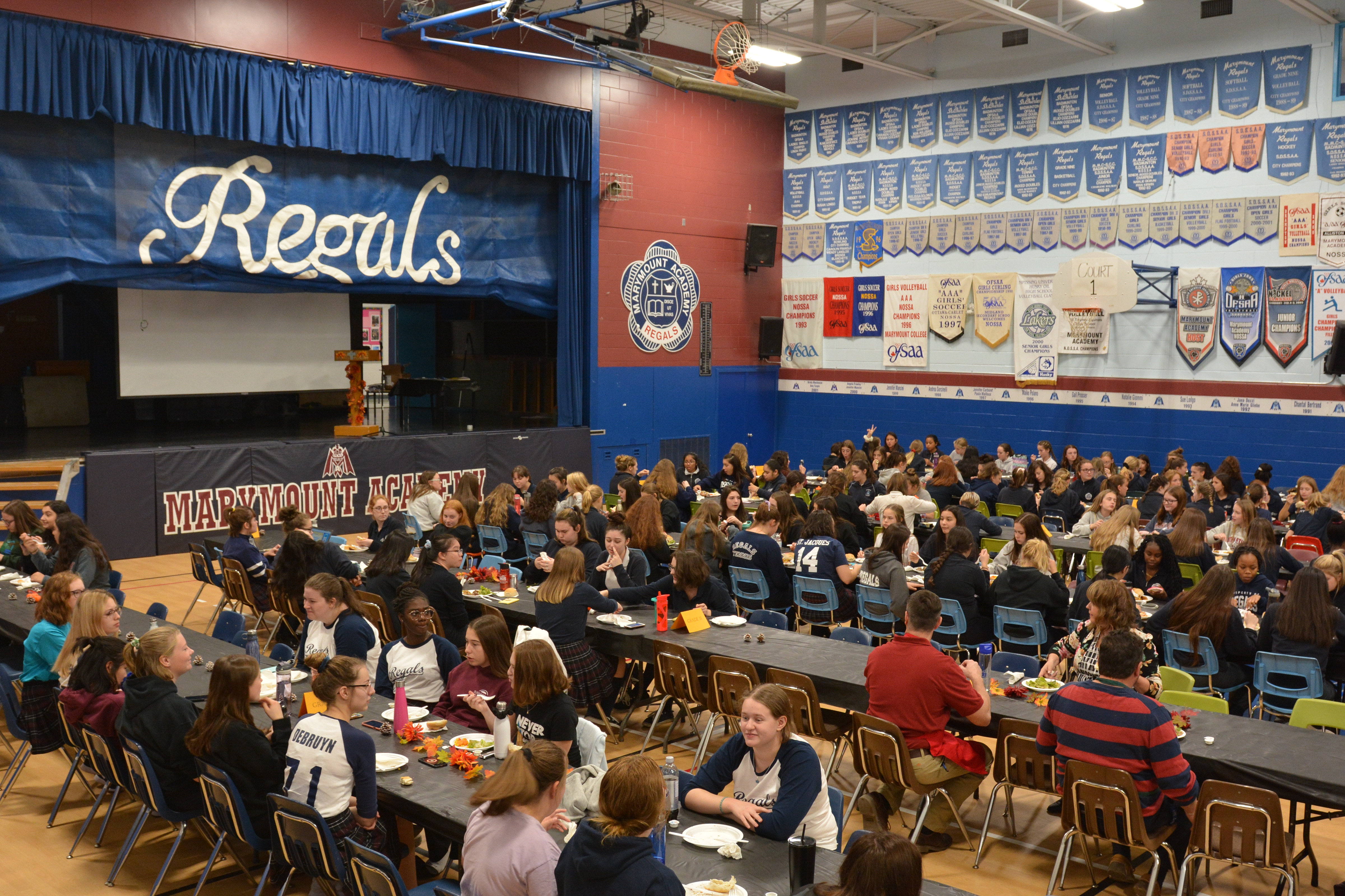 Students and staff enjoy a Thanksgiving lunch with all of the fixings.