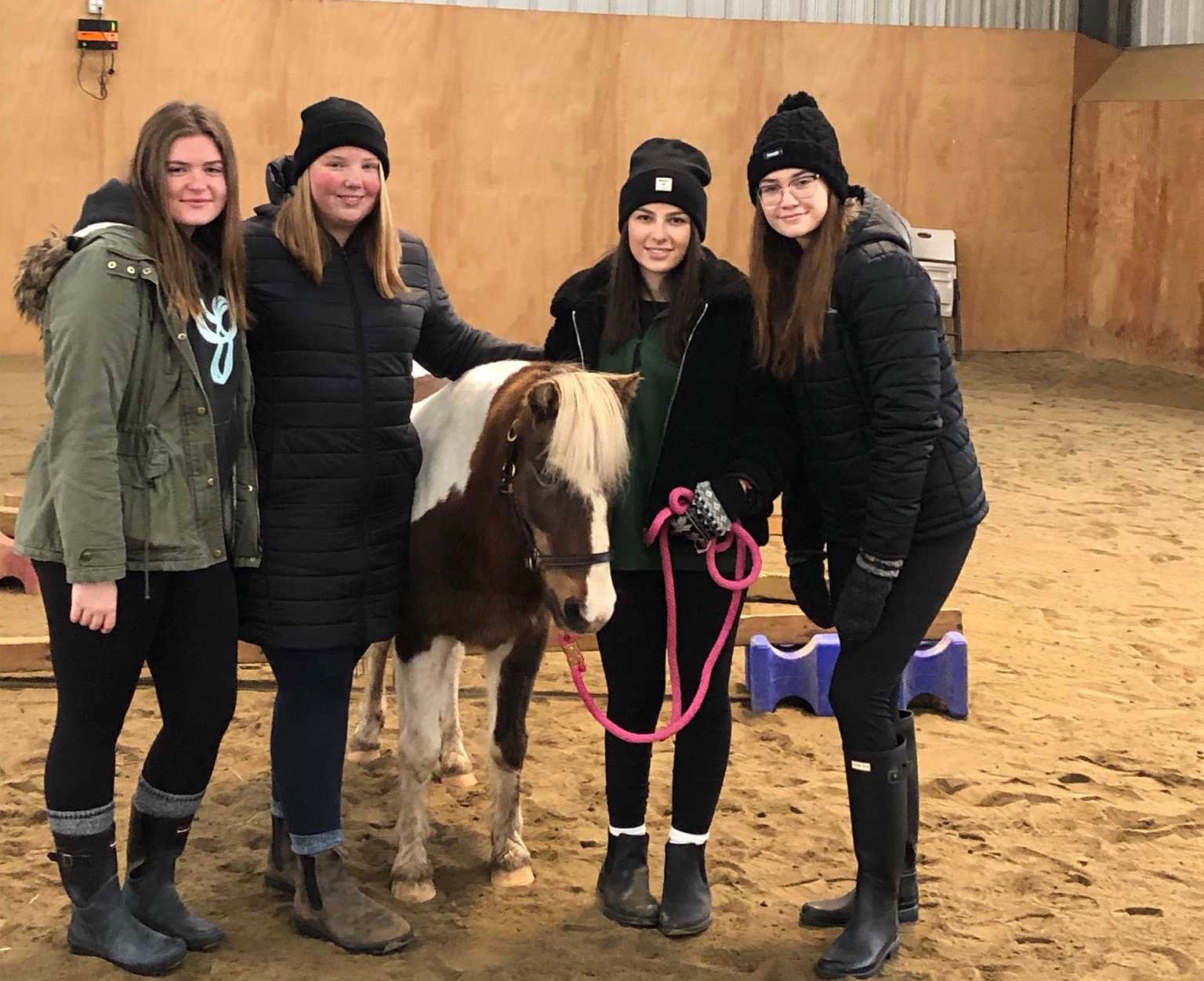 Four students stand next to a horse.