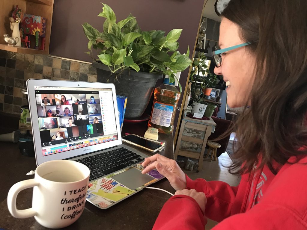 Teacher teaches an online class.
