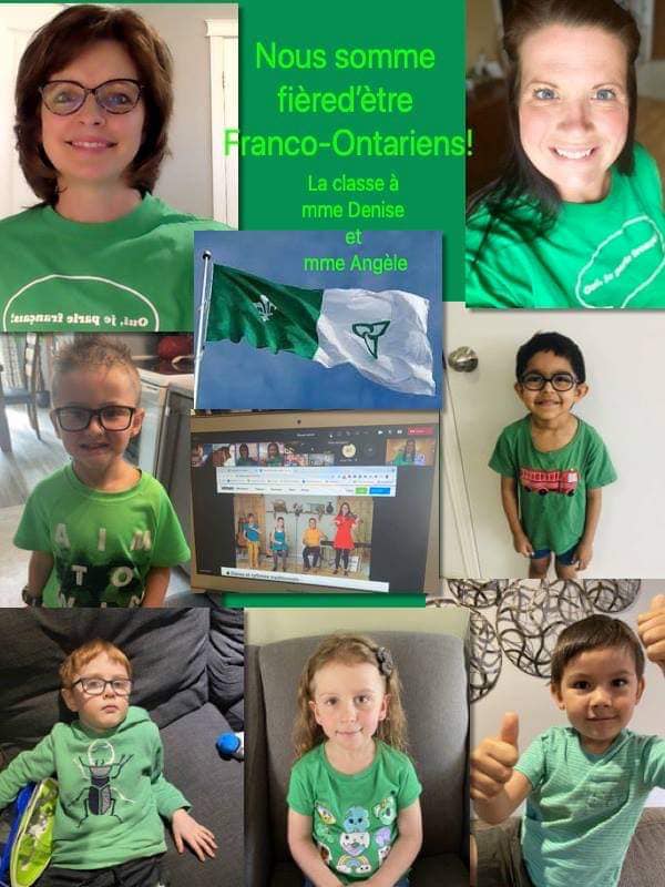 a collage of students and staff wearing white and green.