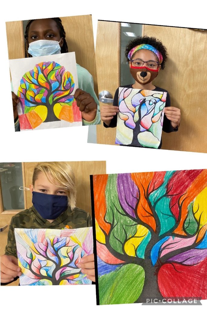 Sudbury Catholic District School Board Students at St. David Elementary School proudly showcase their colourful tree artwork to celebrate National Tree Day on September 22nd, 2021. 